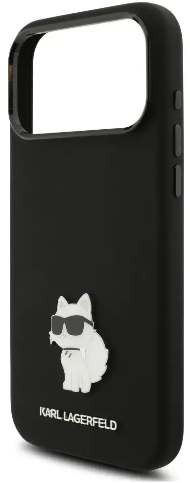 Dėklas Karl Lagerfeld Silicone Choupette Metal Pin iPhone 18 Pro Max / 17 Pro Max juoda