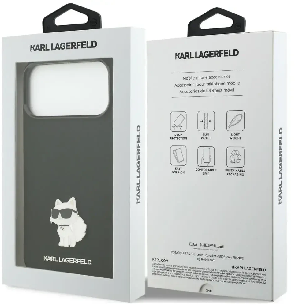 Dėklas Karl Lagerfeld Silicone Choupette Metal Pin iPhone 18 Pro Max / 17 Pro Max juoda
