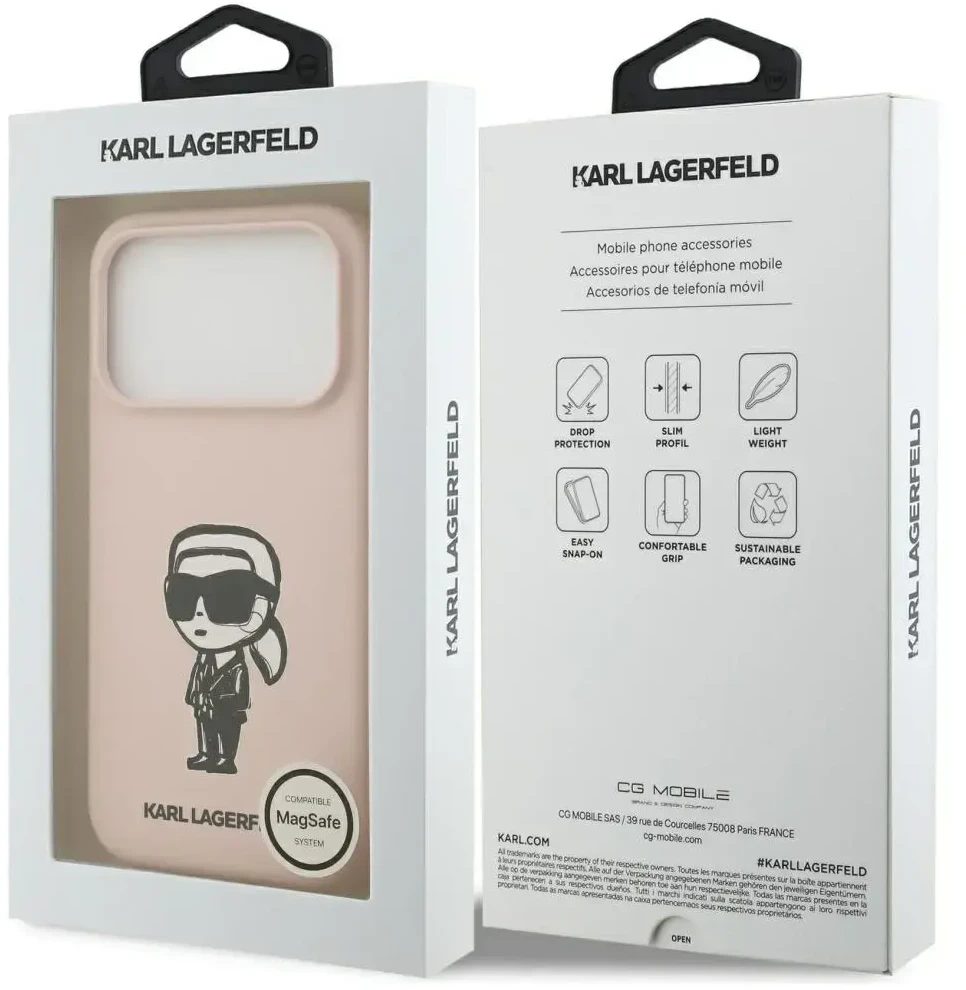Karl Lagerfeld dėklas, skirtas IPHONE 17 Pro, suderinamas su „MagSafe KLHMP17LSKIGROP“ (silikonas su KL eskizu ir logotipu), rožinis