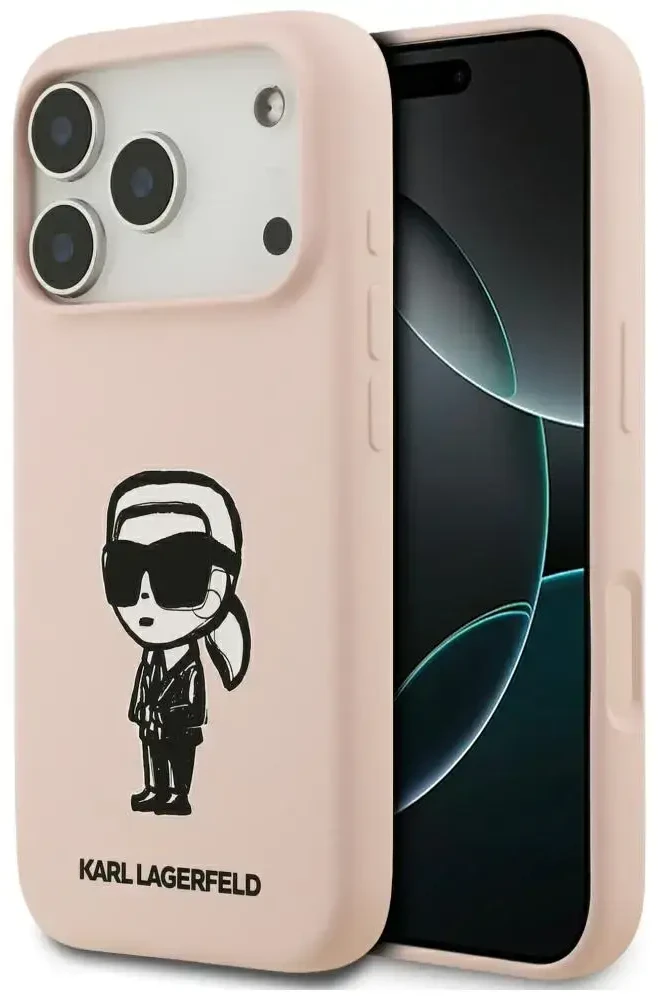 Karl Lagerfeld dėklas, skirtas IPHONE 17 Pro, suderinamas su „MagSafe KLHMP17LSKIGROP“ (silikonas su KL eskizu ir logotipu), rožinis