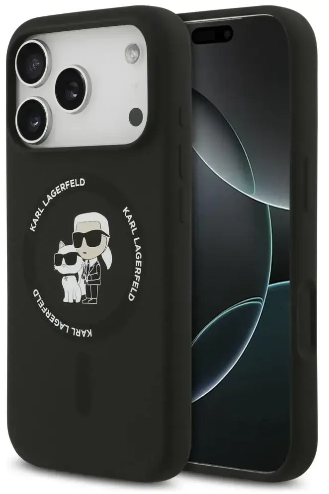 Dėklas Karl Lagerfeld Silicone Karl&Choupette Ring MagSafe do iPhone 18 Pro / iPhone 17 Pro juoda
