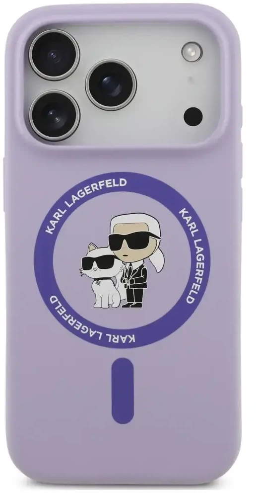 Dėklas Karl Lagerfeld Silicone Karl&Choupette Ring MagSafe do iPhone 18 Pro / 17 Pro violetinė