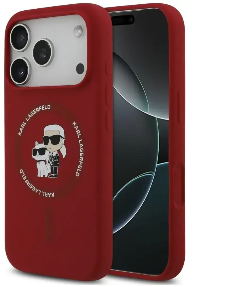 Dėklas Karl Lagerfeld Silicone Karl&Choupette Ring MagSafe do iPhone 18 Pro / 17 Pro raudona