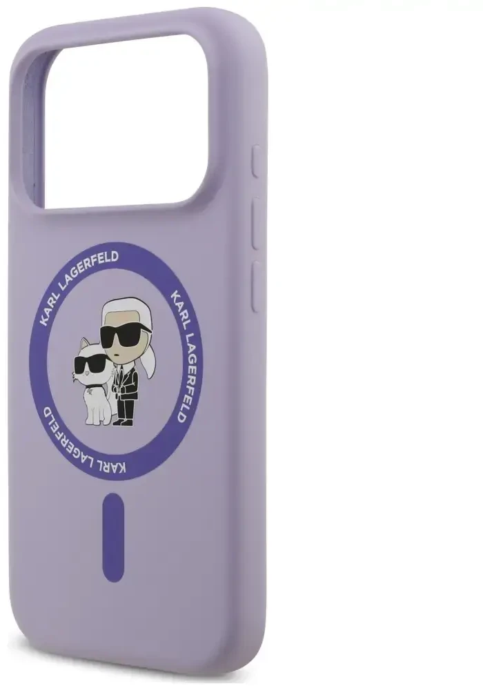 Dėklas Karl Lagerfeld Silicone Karl&Choupette Ring MagSafe do iPhone 18 Pro / 17 Pro violetinė