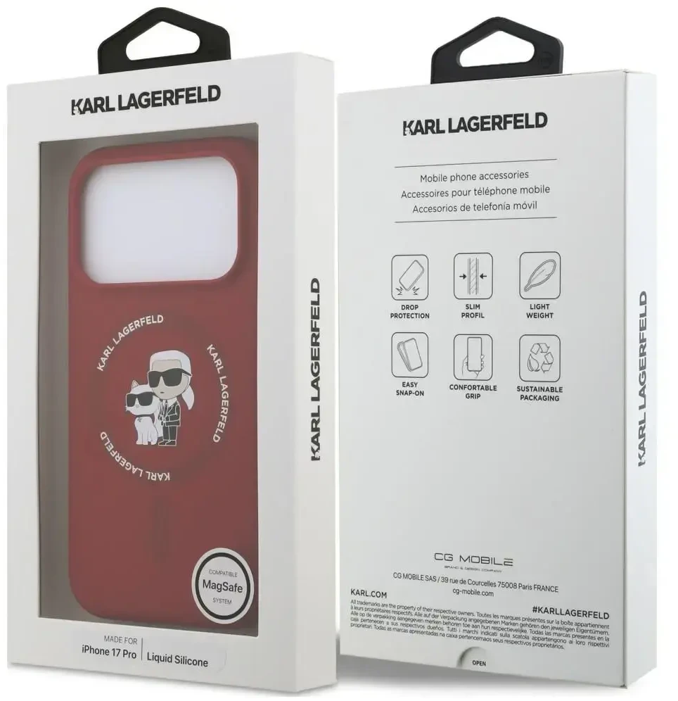 Dėklas Karl Lagerfeld Silicone Karl&Choupette Ring MagSafe do iPhone 18 Pro / 17 Pro raudona