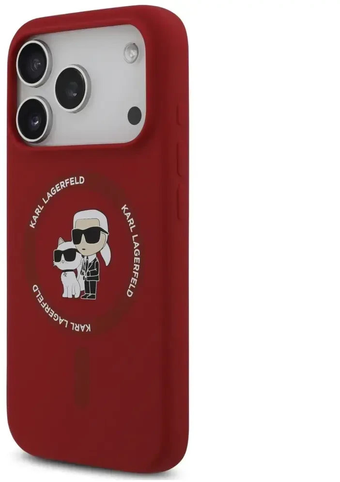 Dėklas Karl Lagerfeld Silicone Karl&Choupette Ring MagSafe do iPhone 18 Pro / 17 Pro raudona