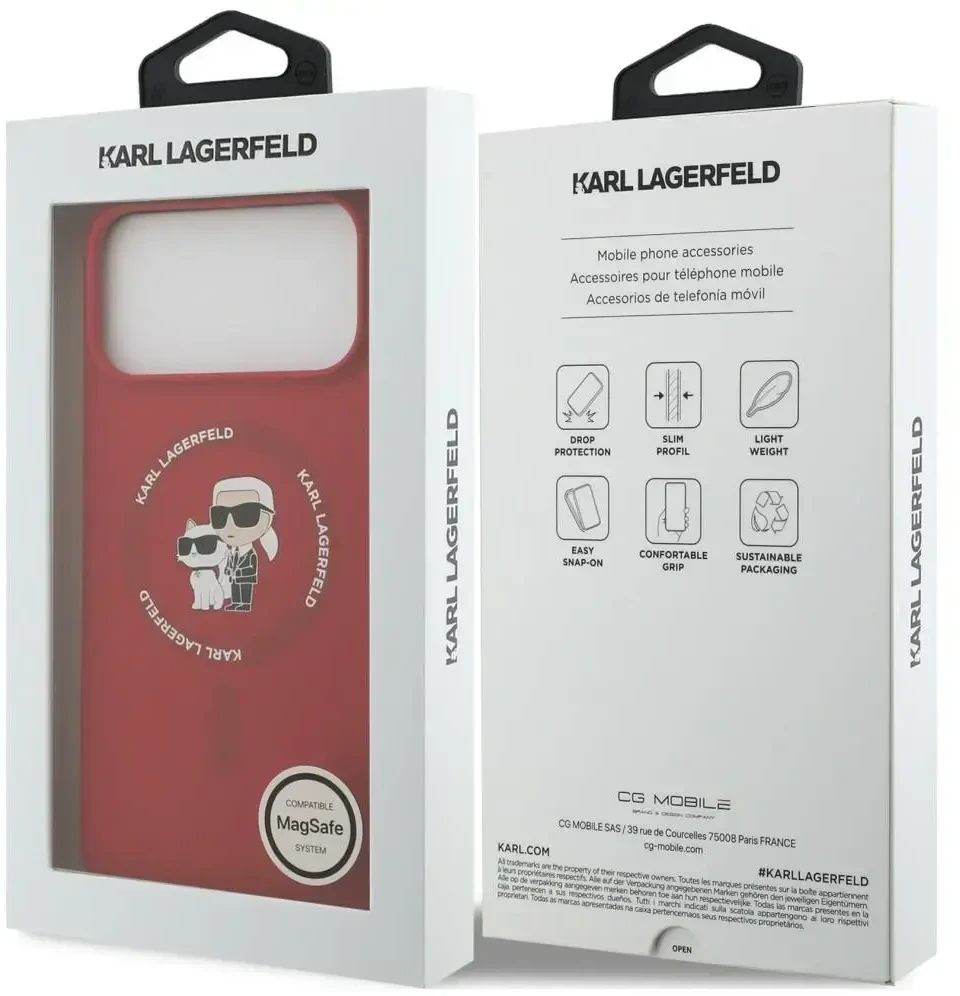 Dėklas Karl Lagerfeld Silicone Karl&Choupette Ring MagSafe do iPhone 18 Pro Max / iPhone 17 Pro Max raudona