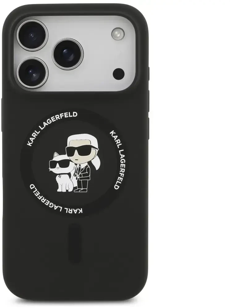 Dėklas Karl Lagerfeld Silicone Karl&Choupette Ring MagSafe do iPhone 18 Pro / iPhone 17 Pro juoda