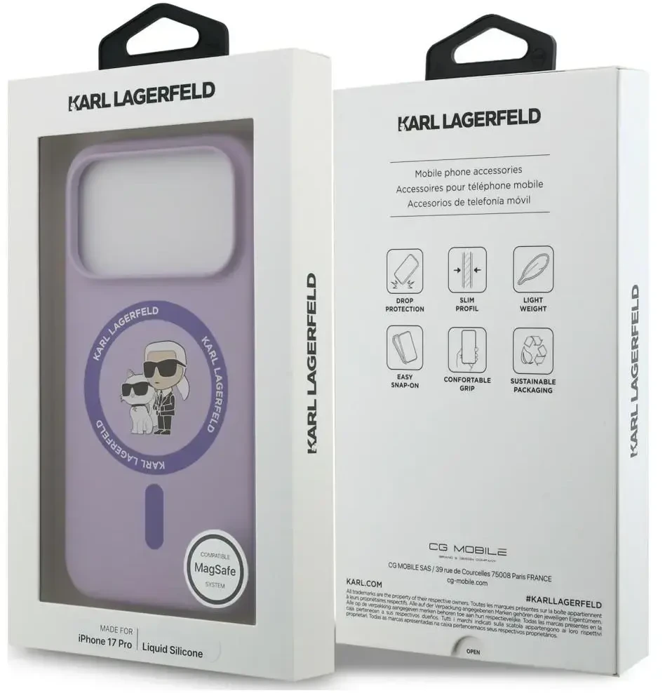 Dėklas Karl Lagerfeld Silicone Karl&Choupette Ring MagSafe do iPhone 18 Pro / 17 Pro violetinė