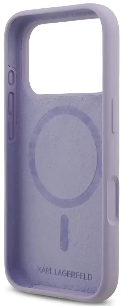 Dėklas Karl Lagerfeld Silicone Karl&Choupette Ring MagSafe do iPhone 18 Pro / 17 Pro violetinė