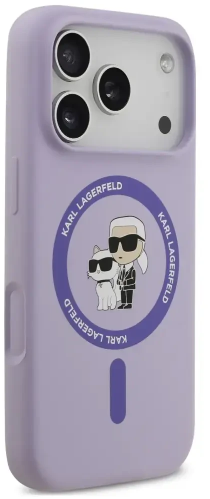 Dėklas Karl Lagerfeld Silicone Karl&Choupette Ring MagSafe do iPhone 18 Pro / 17 Pro violetinė