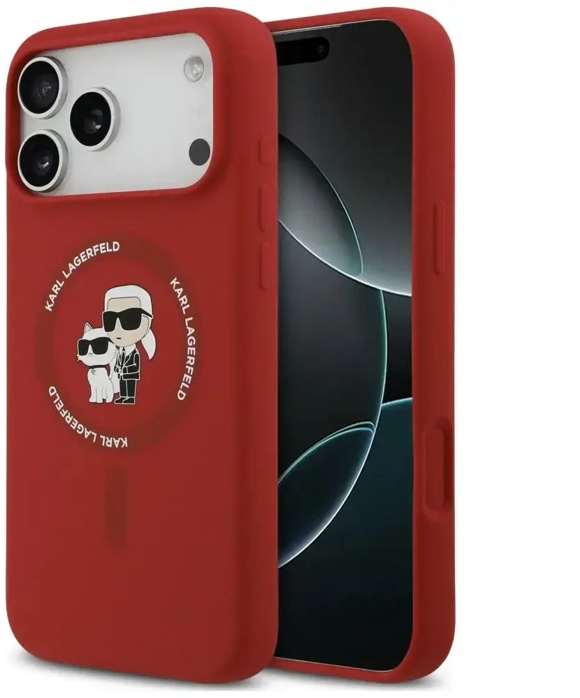 Dėklas Karl Lagerfeld Silicone Karl&Choupette Ring MagSafe do iPhone 18 Pro Max / iPhone 17 Pro Max raudona