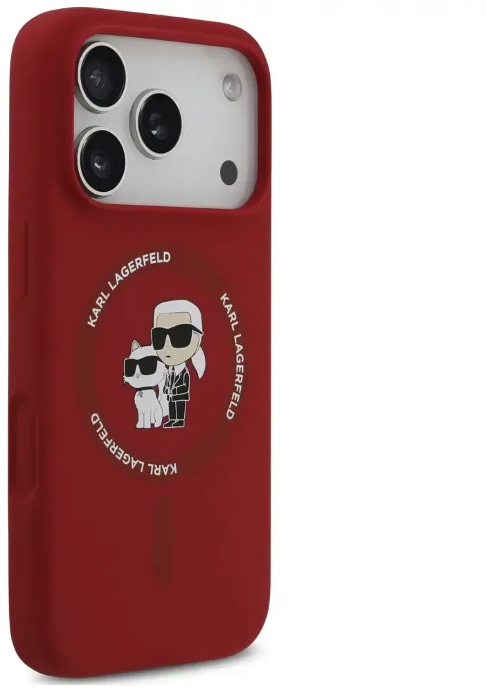 Dėklas Karl Lagerfeld Silicone Karl&Choupette Ring MagSafe do iPhone 18 Pro / 17 Pro raudona