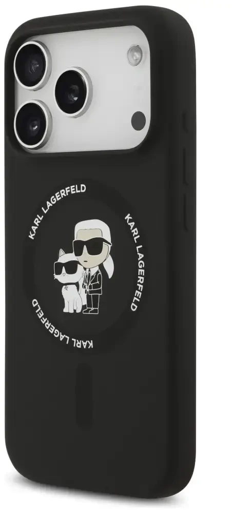 Dėklas Karl Lagerfeld Silicone Karl&Choupette Ring MagSafe do iPhone 18 Pro / iPhone 17 Pro juoda