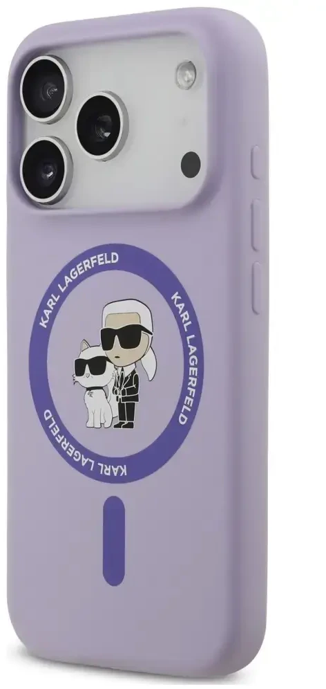 Dėklas Karl Lagerfeld Silicone Karl&Choupette Ring MagSafe do iPhone 18 Pro / 17 Pro violetinė