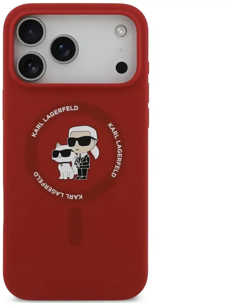 Dėklas Karl Lagerfeld Silicone Karl&Choupette Ring MagSafe do iPhone 18 Pro Max / iPhone 17 Pro Max raudona