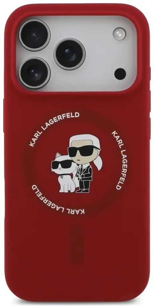 Dėklas Karl Lagerfeld Silicone Karl&Choupette Ring MagSafe do iPhone 18 Pro / 17 Pro raudona