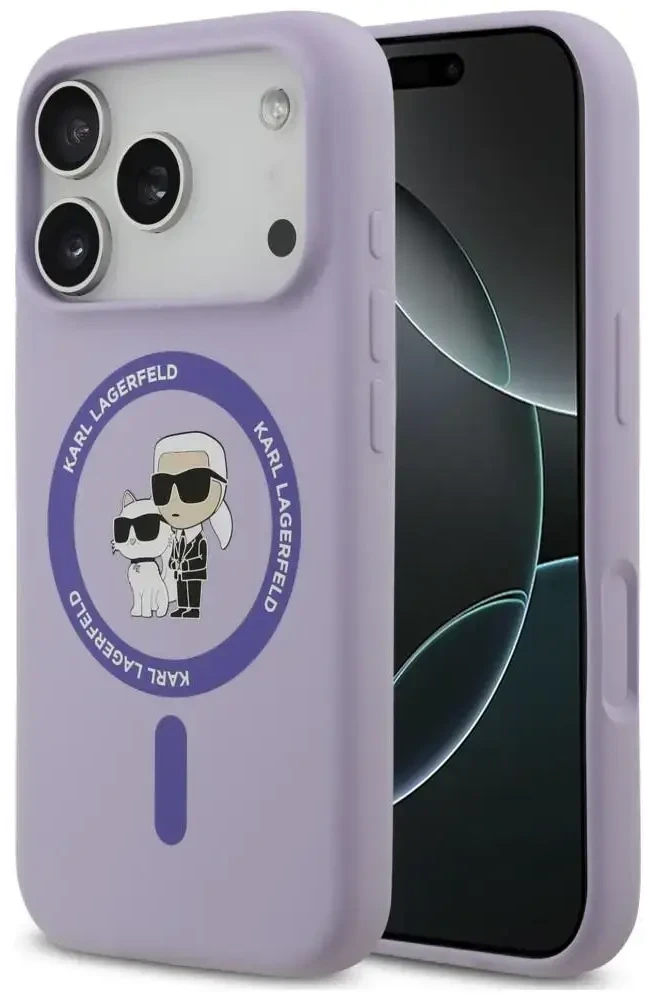 Dėklas Karl Lagerfeld Silicone Karl&Choupette Ring MagSafe do iPhone 18 Pro / 17 Pro violetinė