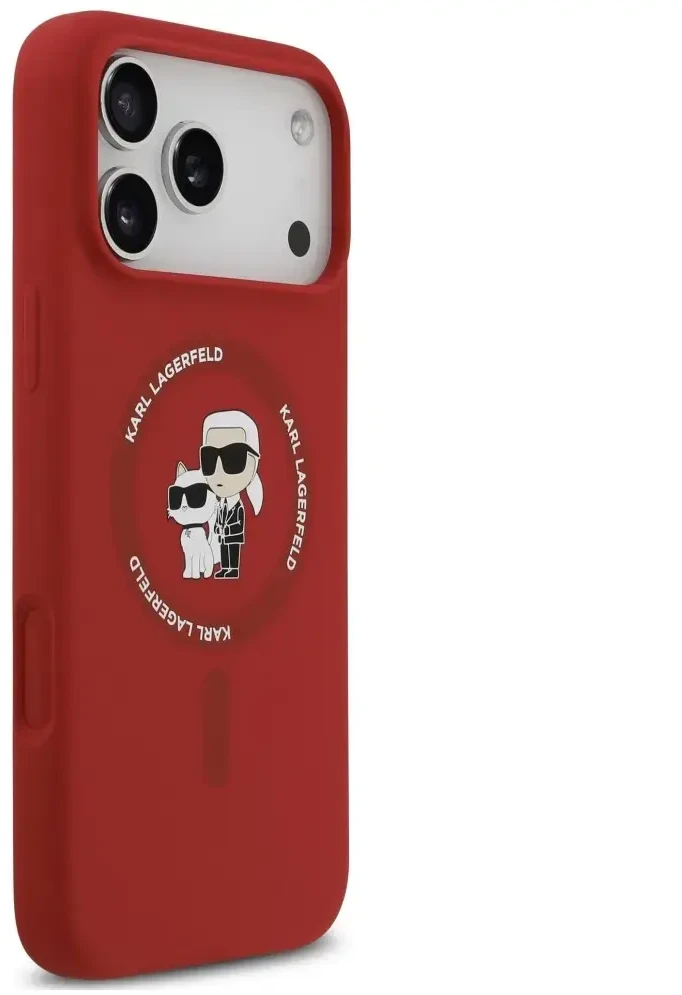 Dėklas Karl Lagerfeld Silicone Karl&Choupette Ring MagSafe do iPhone 18 Pro Max / iPhone 17 Pro Max raudona