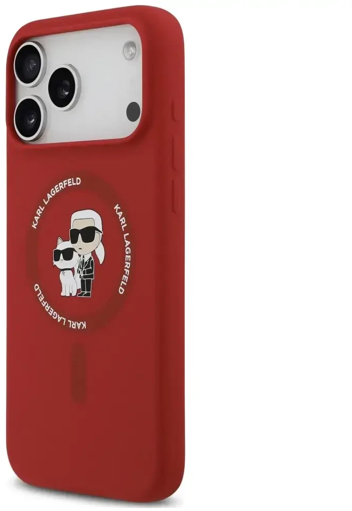 Dėklas Karl Lagerfeld Silicone Karl&Choupette Ring MagSafe do iPhone 18 Pro Max / iPhone 17 Pro Max raudona