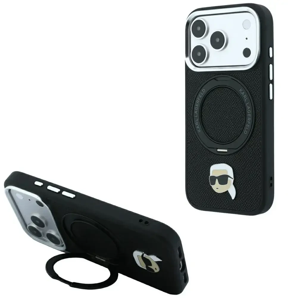 Dėklas Karl Lagerfeld with Ring Stand 360 Karl Head Pin MagSafe Case for iPhone 18 Pro Max / 17 Pro Max - Juodas