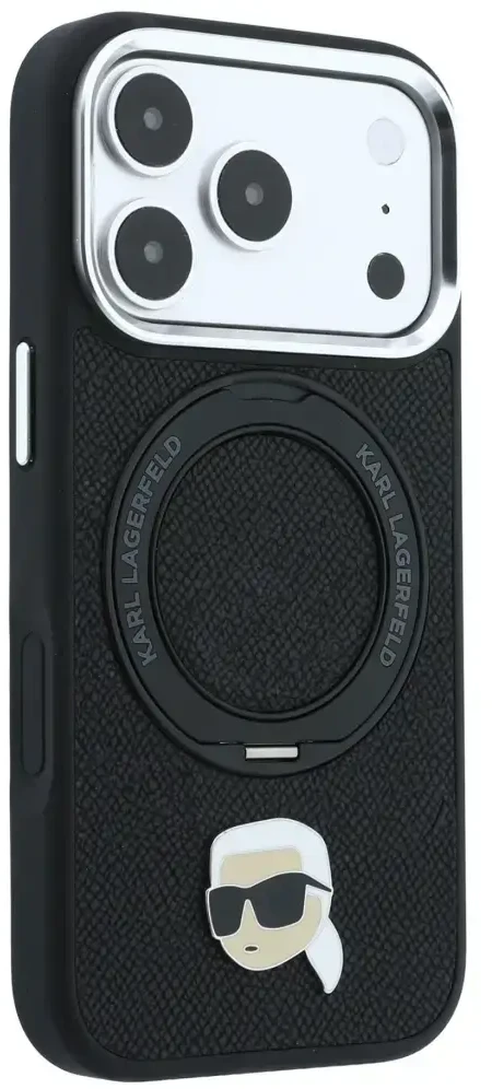 Dėklas Karl Lagerfeld with Ring Stand 360 Karl Head Pin MagSafe Case for iPhone 18 Pro Max / 17 Pro Max - Juodas