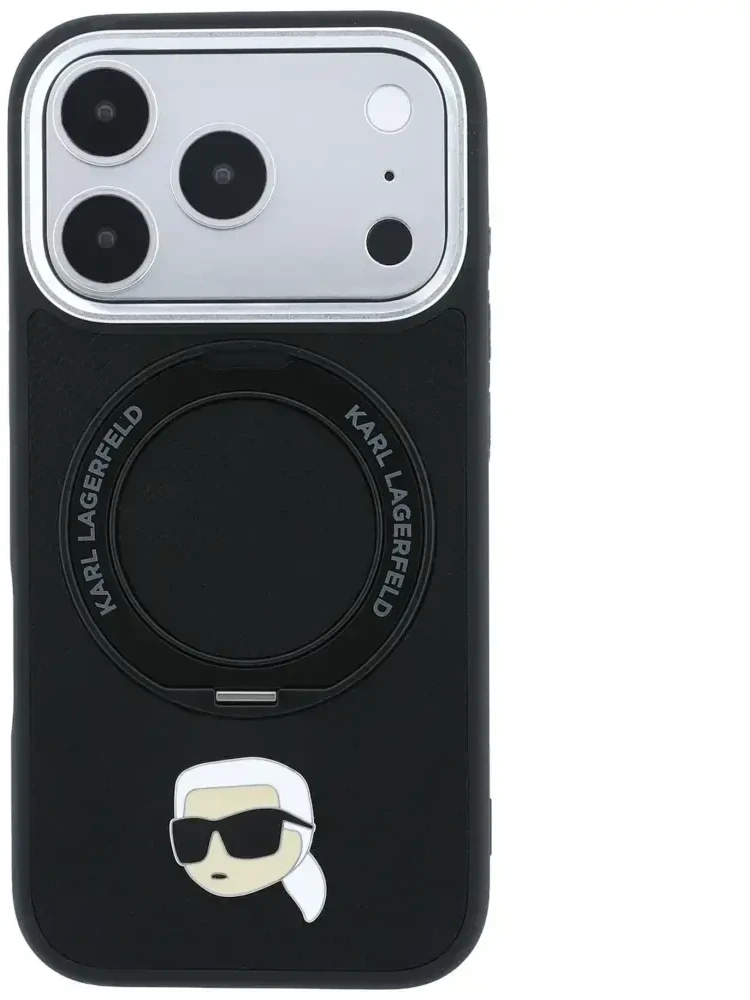 Dėklas Karl Lagerfeld with Ring Stand 360 Karl Head Pin MagSafe Case for iPhone 18 Pro Max / 17 Pro Max - Juodas