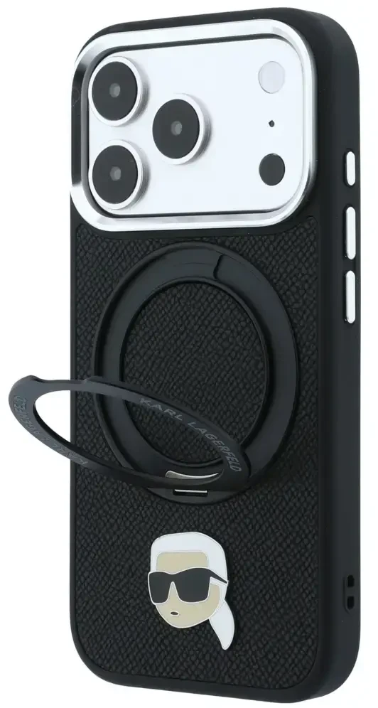Dėklas Karl Lagerfeld with Ring Stand 360 Karl Head Pin MagSafe Case for iPhone 18 Pro Max / 17 Pro Max - Juodas
