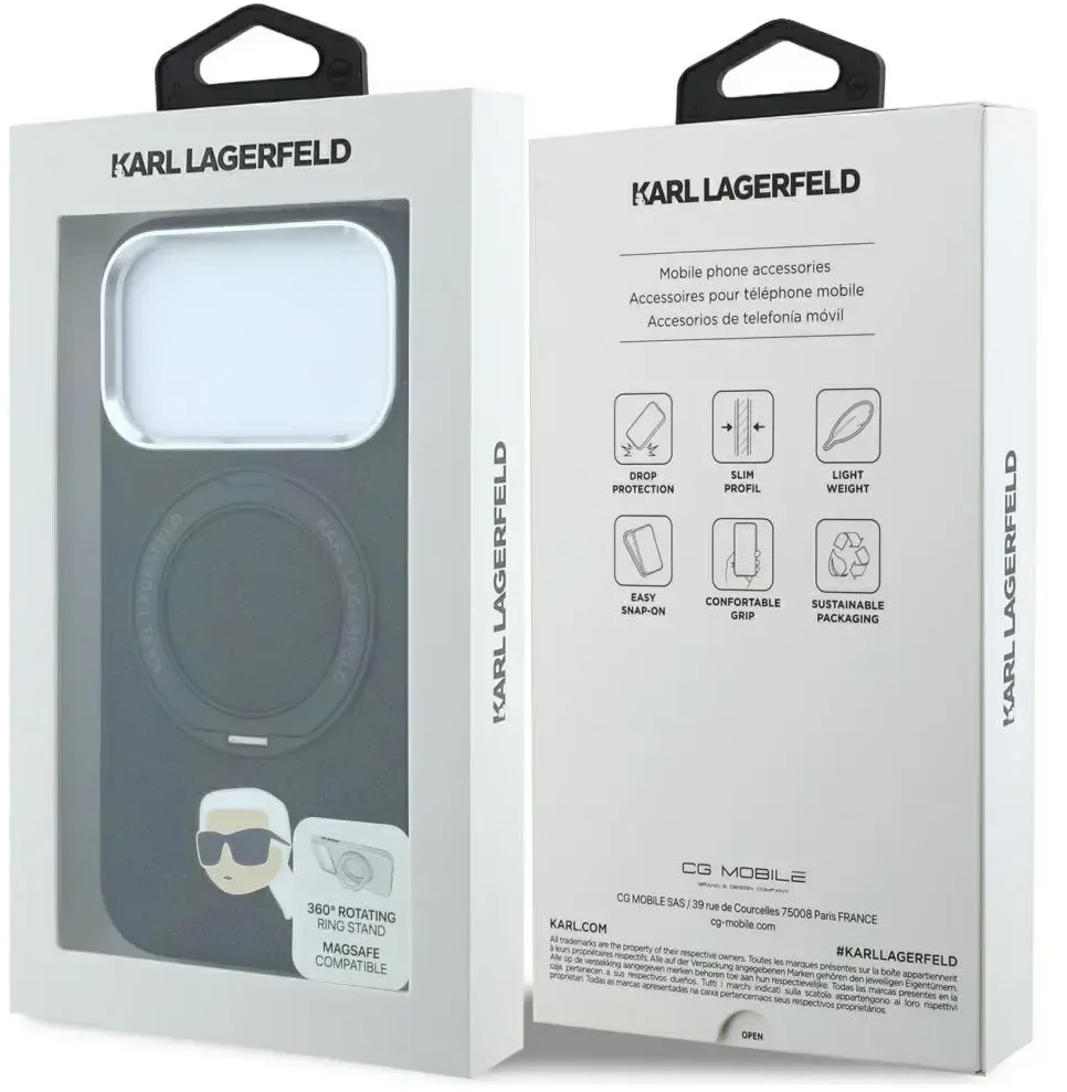 Dėklas Karl Lagerfeld with Ring Stand 360 Karl Head Pin MagSafe Case for iPhone 18 Pro Max / 17 Pro Max - Juodas