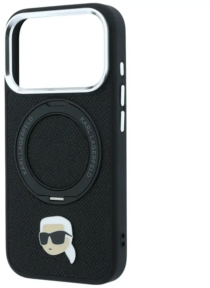Dėklas Karl Lagerfeld with Ring Stand 360 Karl Head Pin MagSafe Case for iPhone 18 Pro Max / 17 Pro Max - Juodas