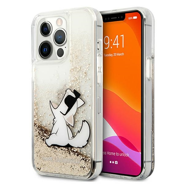 Karl Lagerfeld dėklas, skirtas iPhone 13 Pro Max 6,7 KLHCP13XGCFD auksinis Liquid Glitter Choupette Fun