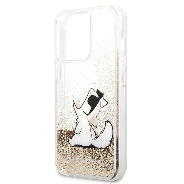 Karl Lagerfeld dėklas, skirtas iPhone 13 Pro Max 6,7 KLHCP13XGCFD auksinis Liquid Glitter Choupette Fun