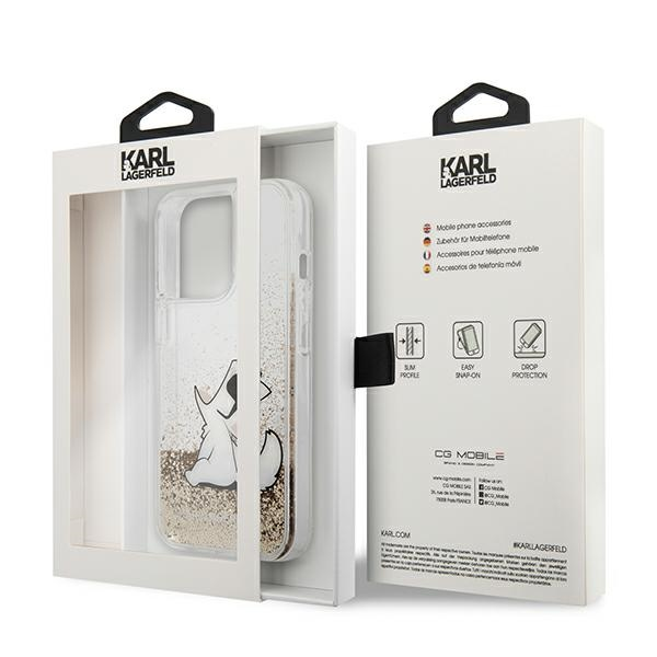 Karl Lagerfeld dėklas, skirtas iPhone 13 Pro Max 6,7 KLHCP13XGCFD auksinis Liquid Glitter Choupette Fun