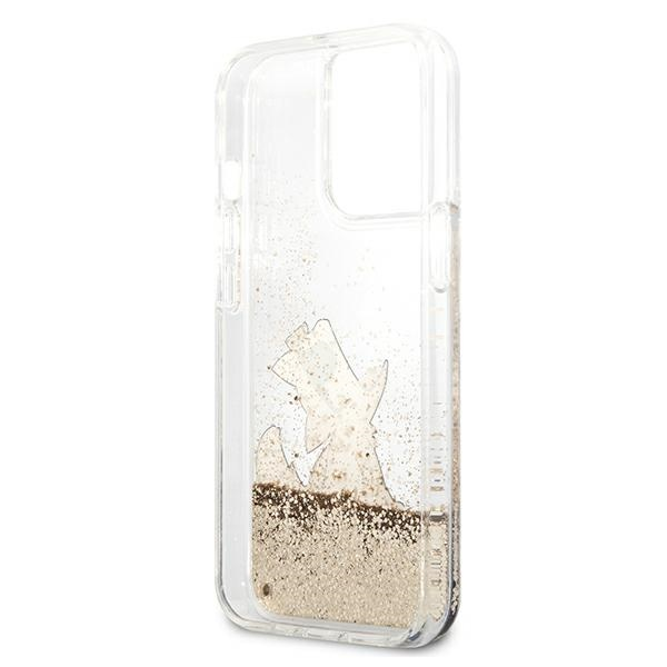 Karl Lagerfeld dėklas, skirtas iPhone 13 Pro Max 6,7 KLHCP13XGCFD auksinis Liquid Glitter Choupette Fun