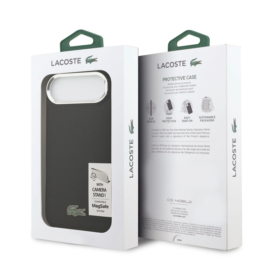 Lacoste Iconic Petit Pique Camera Stand MagSafe dėklas skirtas Apple iPhone Air juodos spalvos