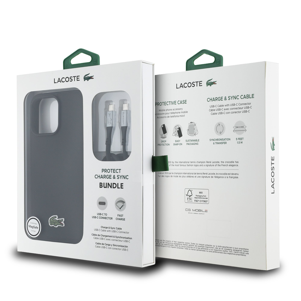 Lacoste Iconic Petit Pique Woven Logo MagSafe dėklas skirtas Apple iPhone 15 Pro juodos spalvos + USB-C/USB-C kabelis