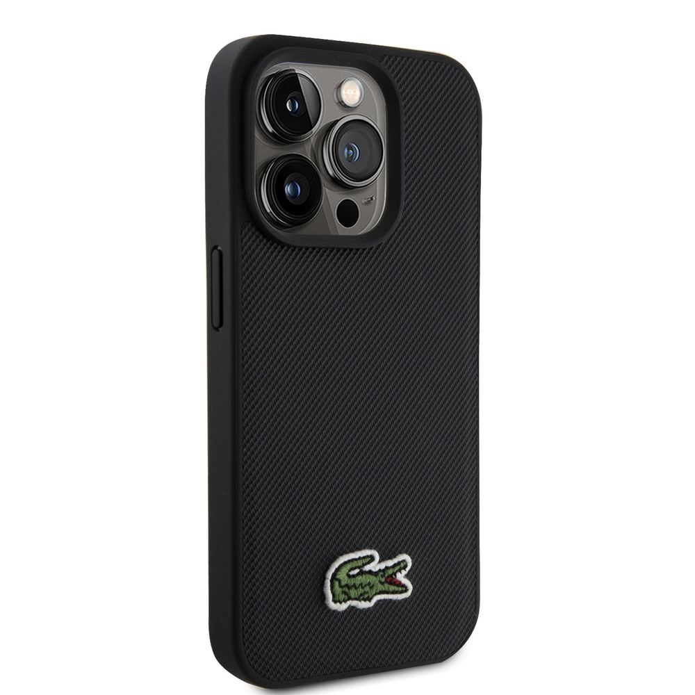 Lacoste Iconic Petit Pique Woven Logo MagSafe dėklas skirtas Apple iPhone 15 Pro juodos spalvos + USB-C/USB-C kabelis