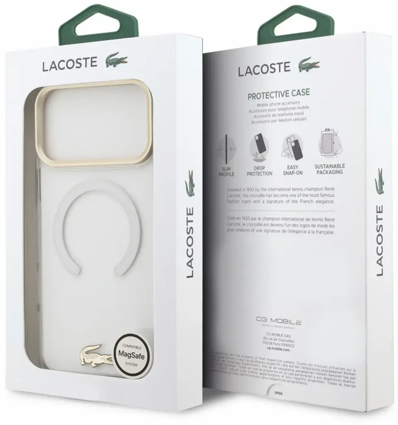Dėklas Lacoste IML Shockproof Petit Pique Gold Logo MagSafe Case for iPhone 18 Pro Max Transparent