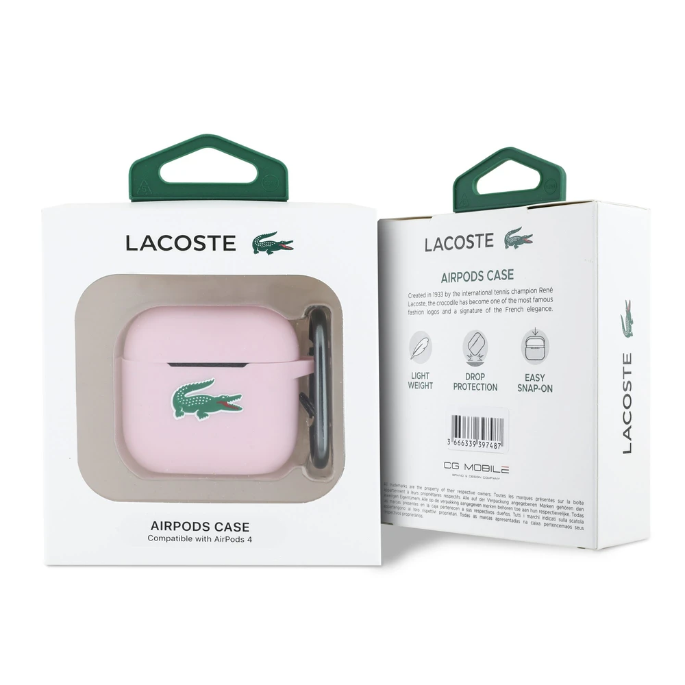 Lacoste Liquid Silicone Croc Logo dėklas skirtas Apple AirPods 4 rožinės spalvos