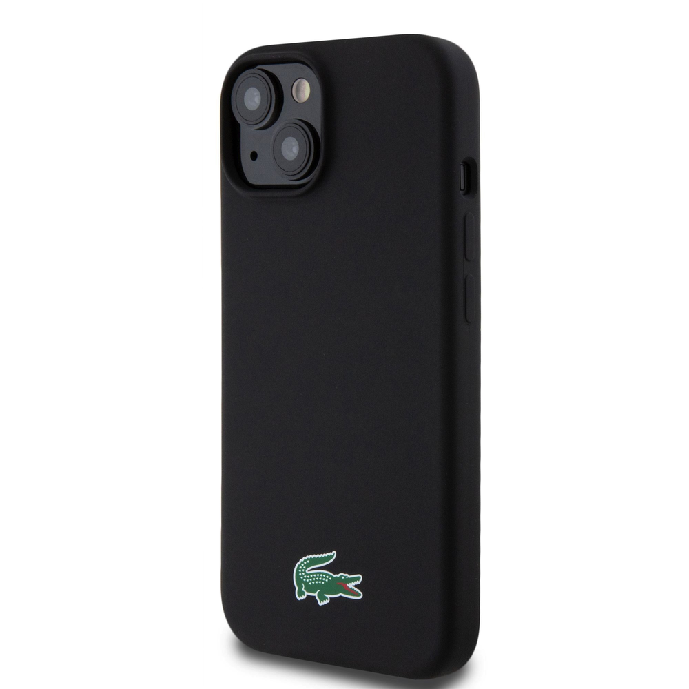 Lacoste Liquid Silicone Microfiber Croc Logo MagSafe dėklas skirtas Apple iPhone 15 juodos spalvos