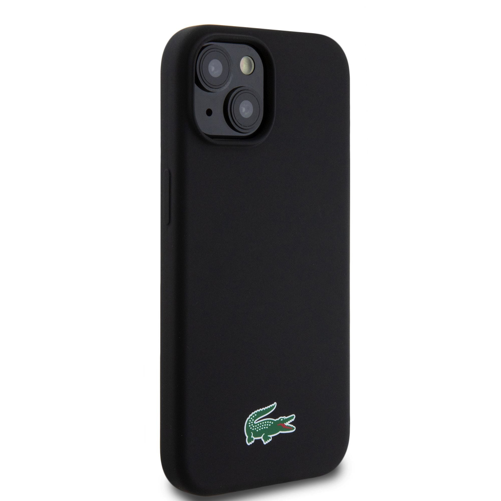 Lacoste Liquid Silicone Microfiber Croc Logo MagSafe dėklas skirtas Apple iPhone 15 juodos spalvos
