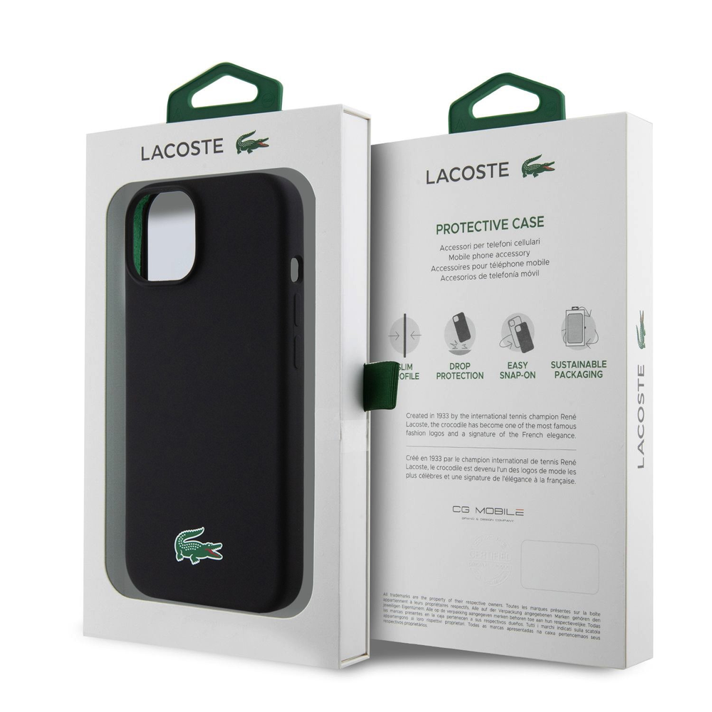 Lacoste Liquid Silicone Microfiber Croc Logo MagSafe dėklas skirtas Apple iPhone 15 juodos spalvos