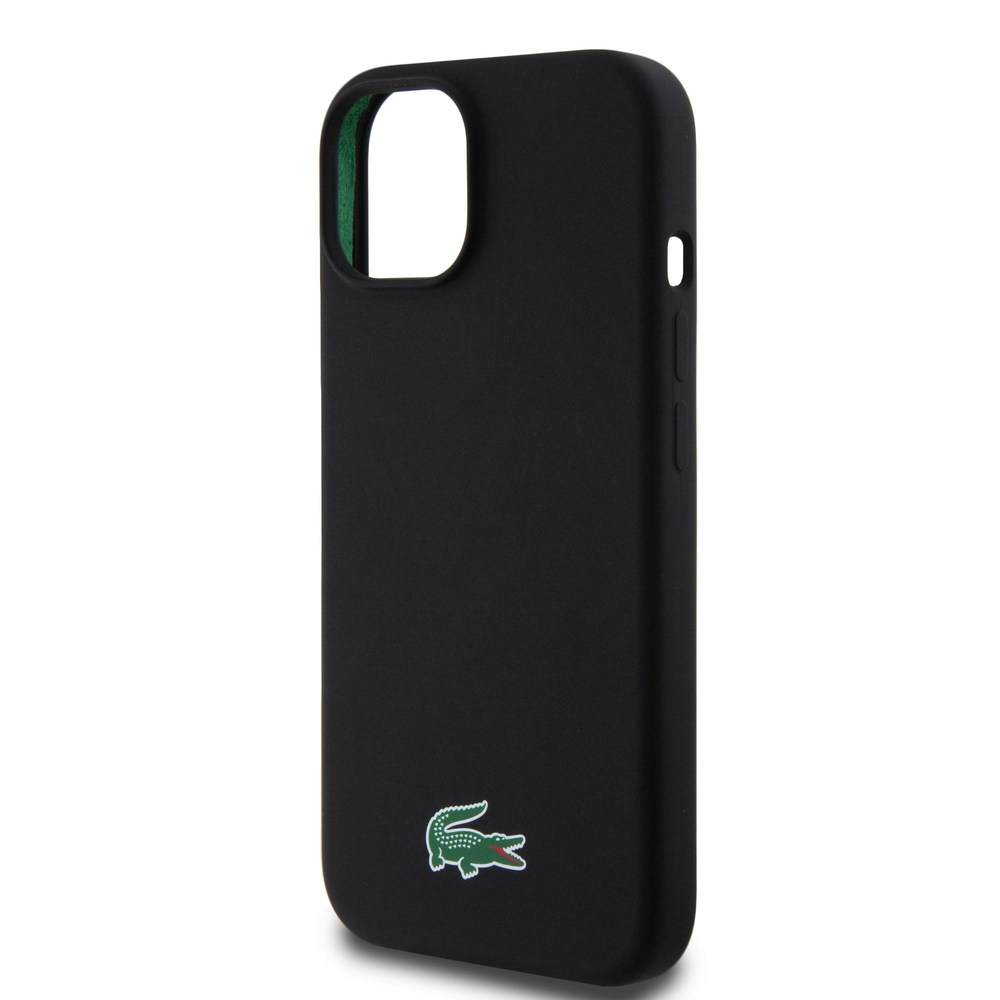 Lacoste Liquid Silicone Microfiber Croc Logo MagSafe dėklas skirtas Apple iPhone 15 juodos spalvos