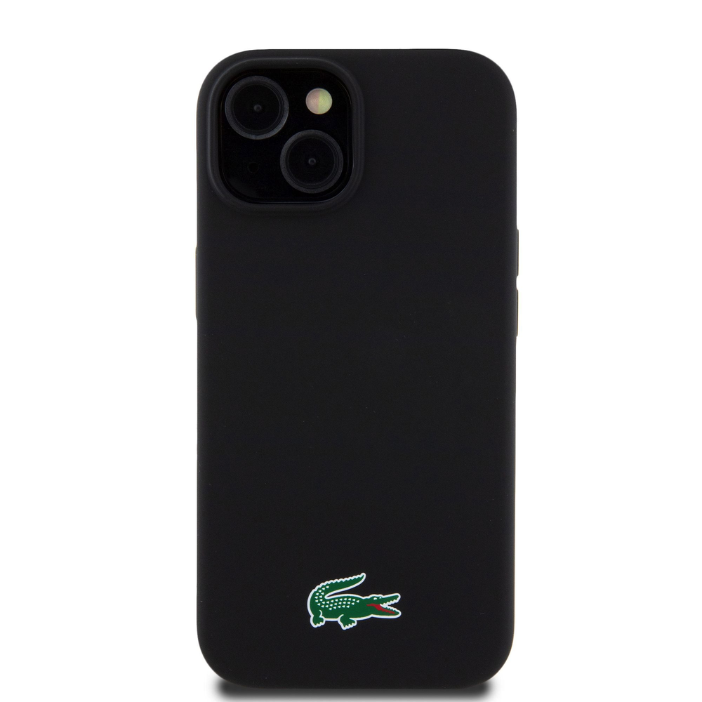 Lacoste Liquid Silicone Microfiber Croc Logo MagSafe dėklas skirtas Apple iPhone 15 juodos spalvos