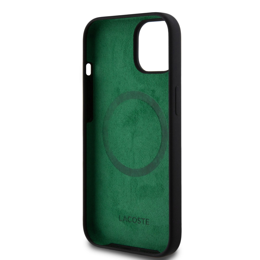 Lacoste Liquid Silicone Microfiber Croc Logo MagSafe dėklas skirtas Apple iPhone 15 juodos spalvos