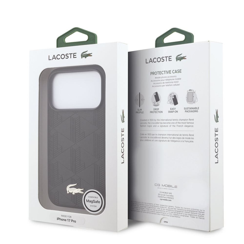Lacoste PU Nomogramme Gold Logo MagSafe dėklas skirtas iPhone 17 Pro juodos spalvos