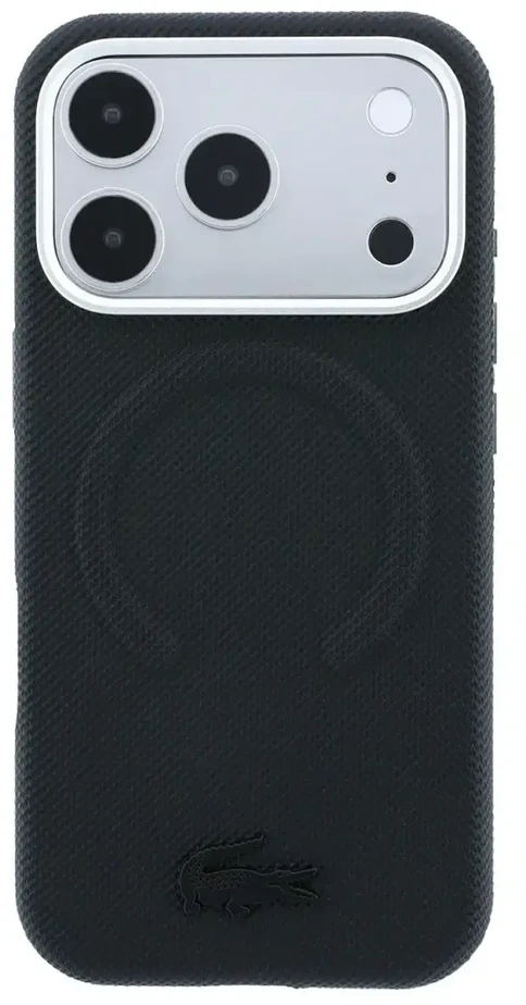 Lacoste PVC Petit Pique pusiau uždengiamas reljefinis MagSafe dėklas, skirtas iPhone 18 Pro, juodas