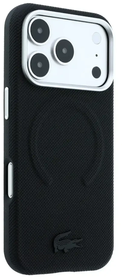 Lacoste PVC Petit Pique pusiau uždengiamas reljefinis MagSafe dėklas, skirtas iPhone 18 Pro, juodas