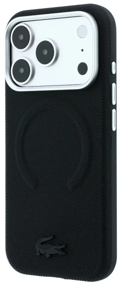 Lacoste PVC Petit Pique pusiau uždengiamas reljefinis MagSafe dėklas, skirtas iPhone 18 Pro, juodas