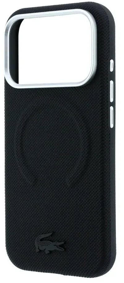 Lacoste PVC Petit Pique pusiau uždengiamas reljefinis MagSafe dėklas, skirtas iPhone 18 Pro, juodas